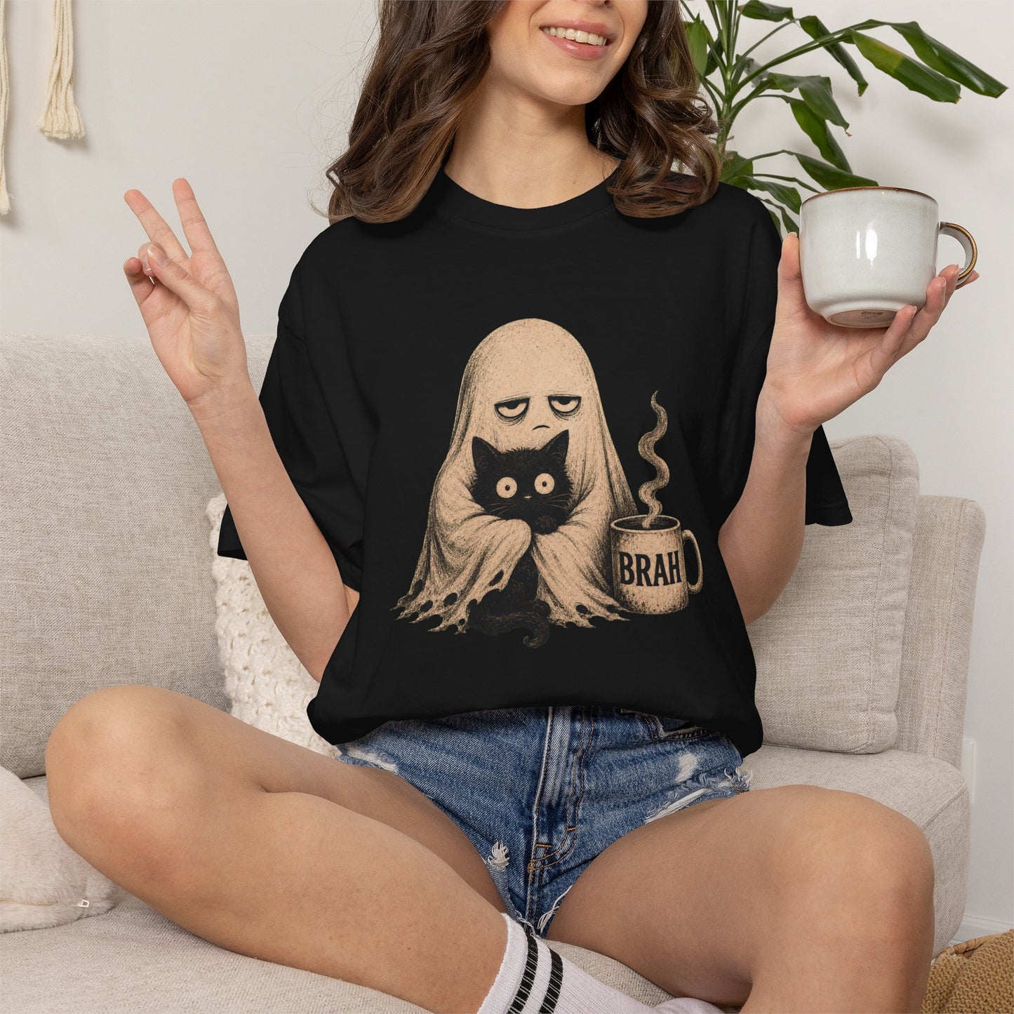 Ghost with Cat & 'Brah' Coffee T-Shirt — Cute Spooky Graphic Tee