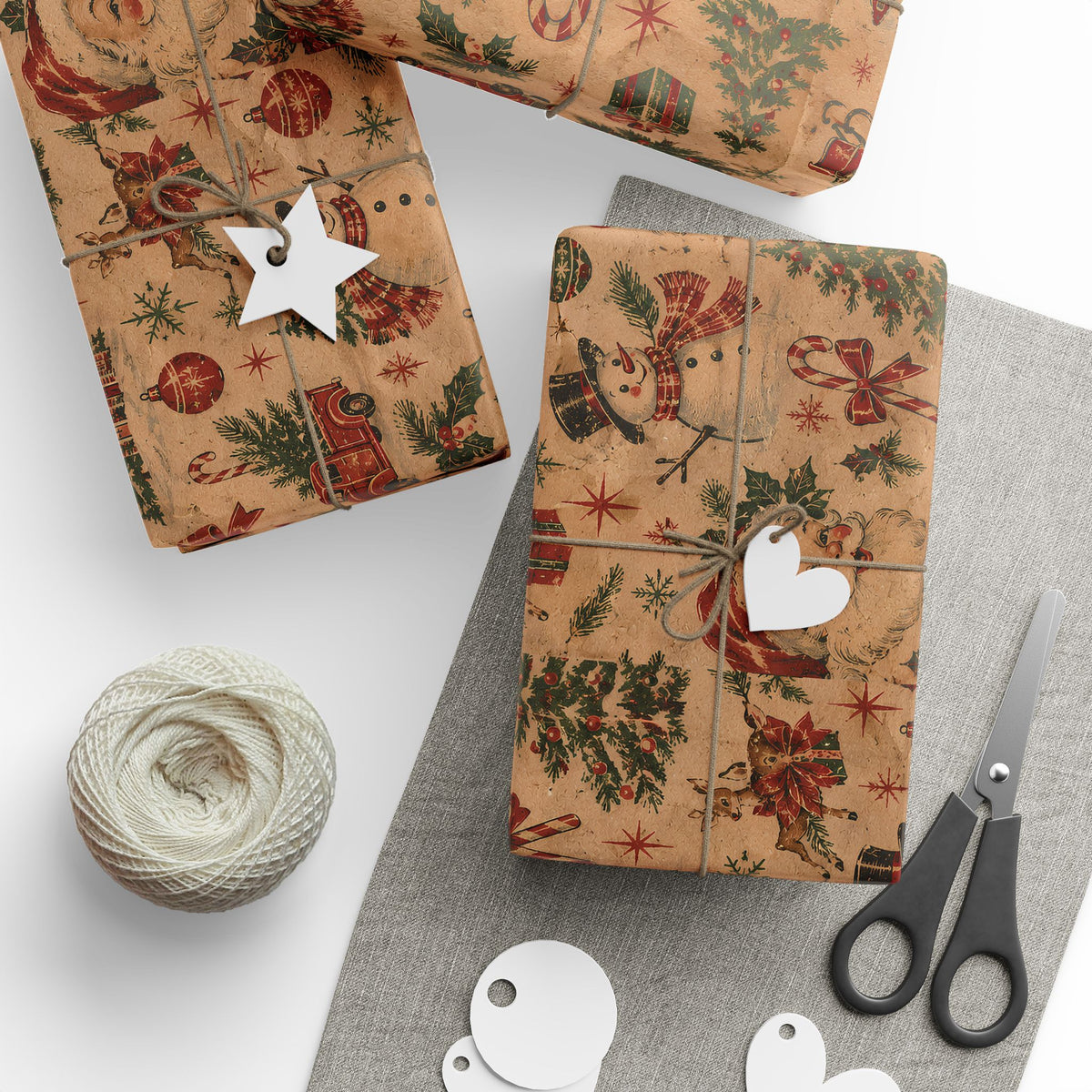 Vintage Christmas Wrapping Paper Roll — Rustic Snowman & Holiday Motifs