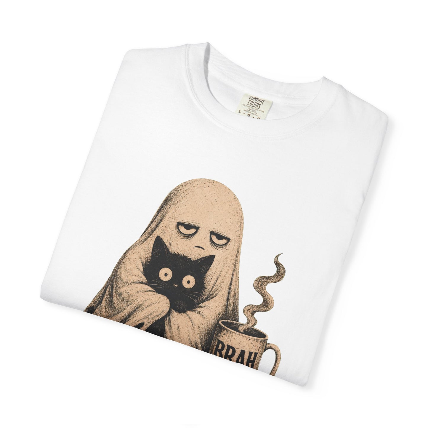 Ghost with Cat & 'Brah' Coffee T-Shirt — Cute Spooky Graphic Tee
