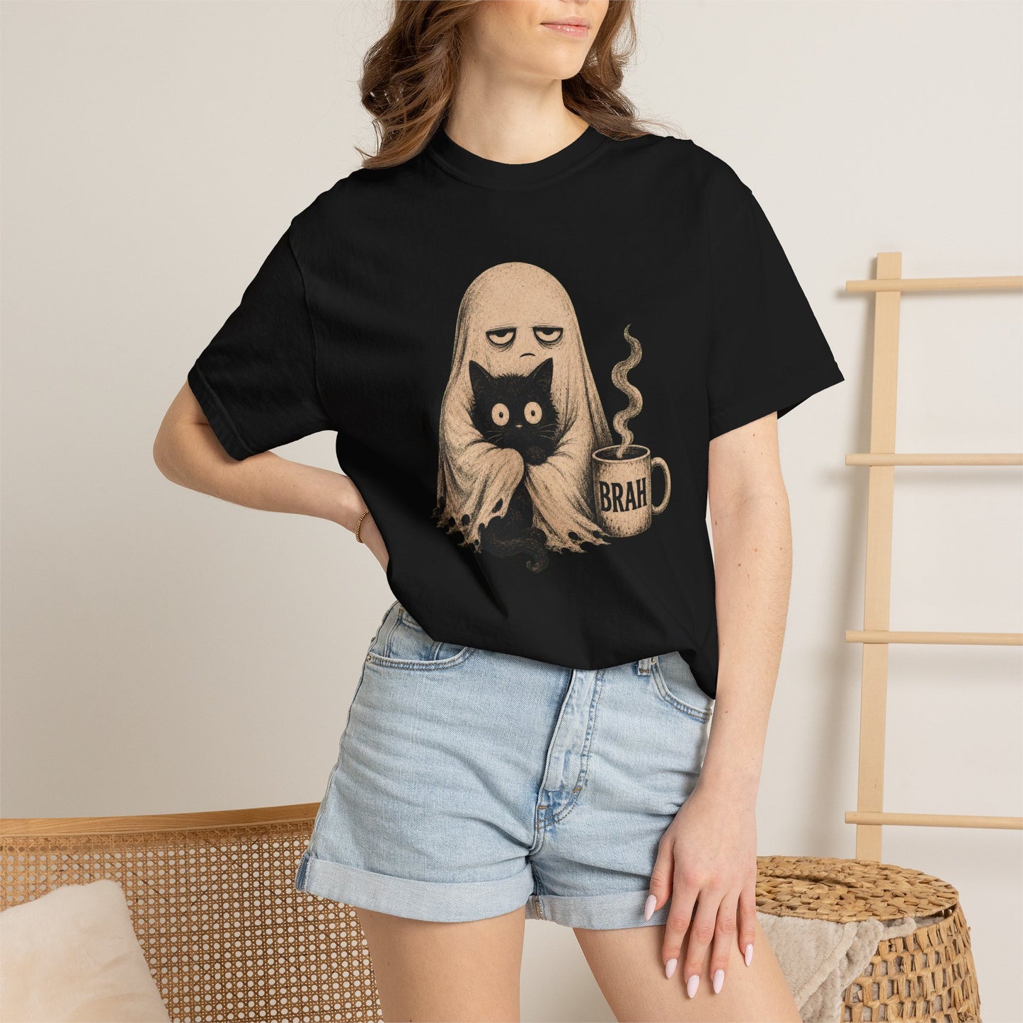 Ghost with Cat & 'Brah' Coffee T-Shirt — Cute Spooky Graphic Tee