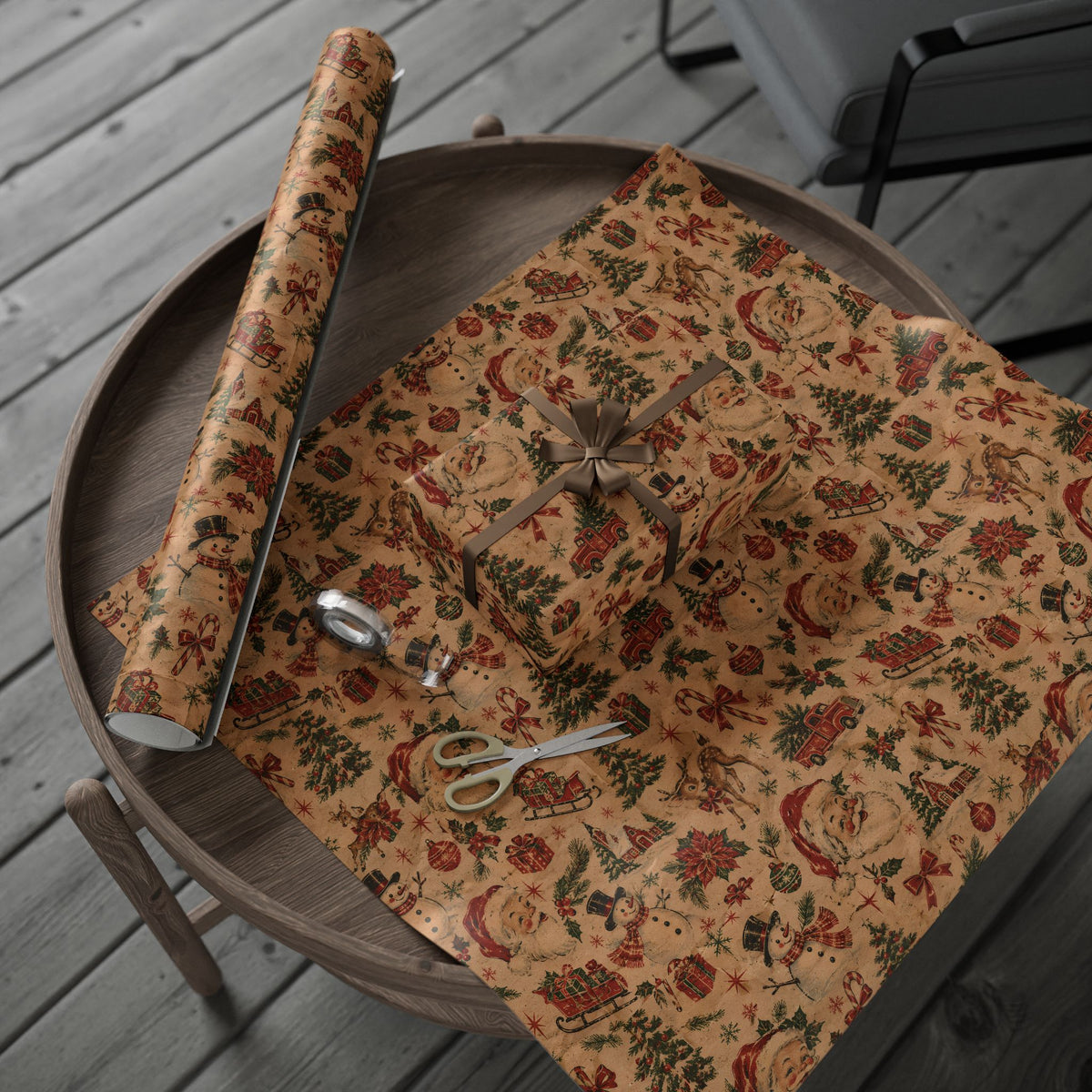 Vintage Christmas Wrapping Paper Roll — Rustic Snowman & Holiday Motifs