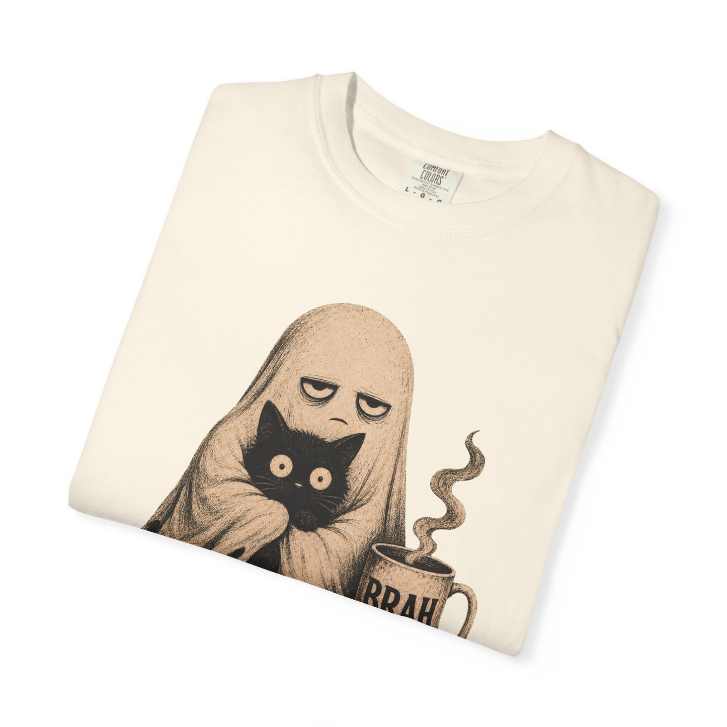Ghost with Cat & 'Brah' Coffee T-Shirt — Cute Spooky Graphic Tee