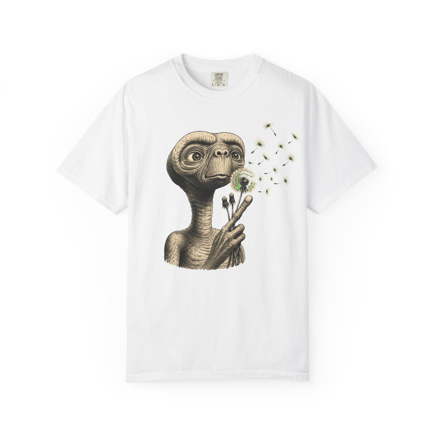 E.T. blowing dandelion T-shirt | Retro Alien illustration