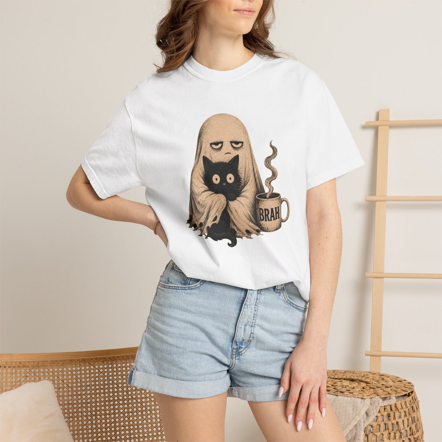 Ghost with Cat & 'Brah' Coffee T-Shirt — Cute Spooky Graphic Tee