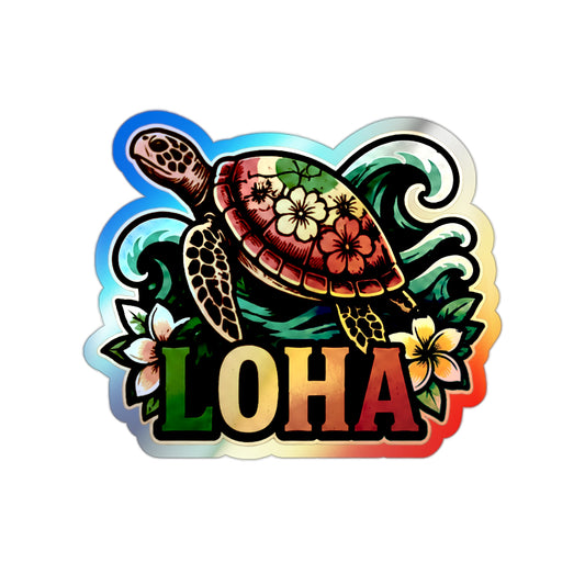 Holographic Turtle 'LOHA' Die-Cut Sticker — Tropical Surf Skateboard Decal
