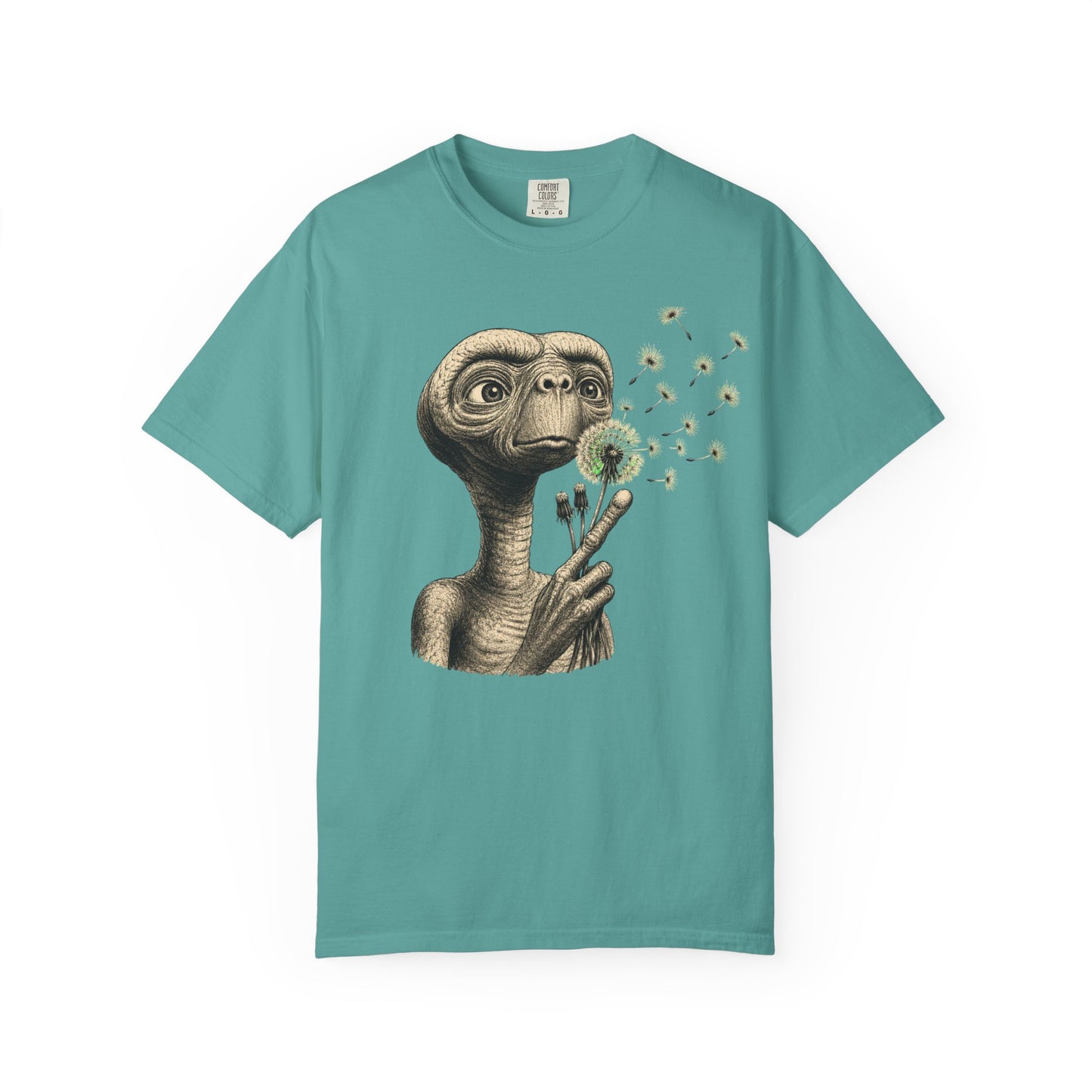 E.T. blowing dandelion T-shirt | Retro Alien illustration