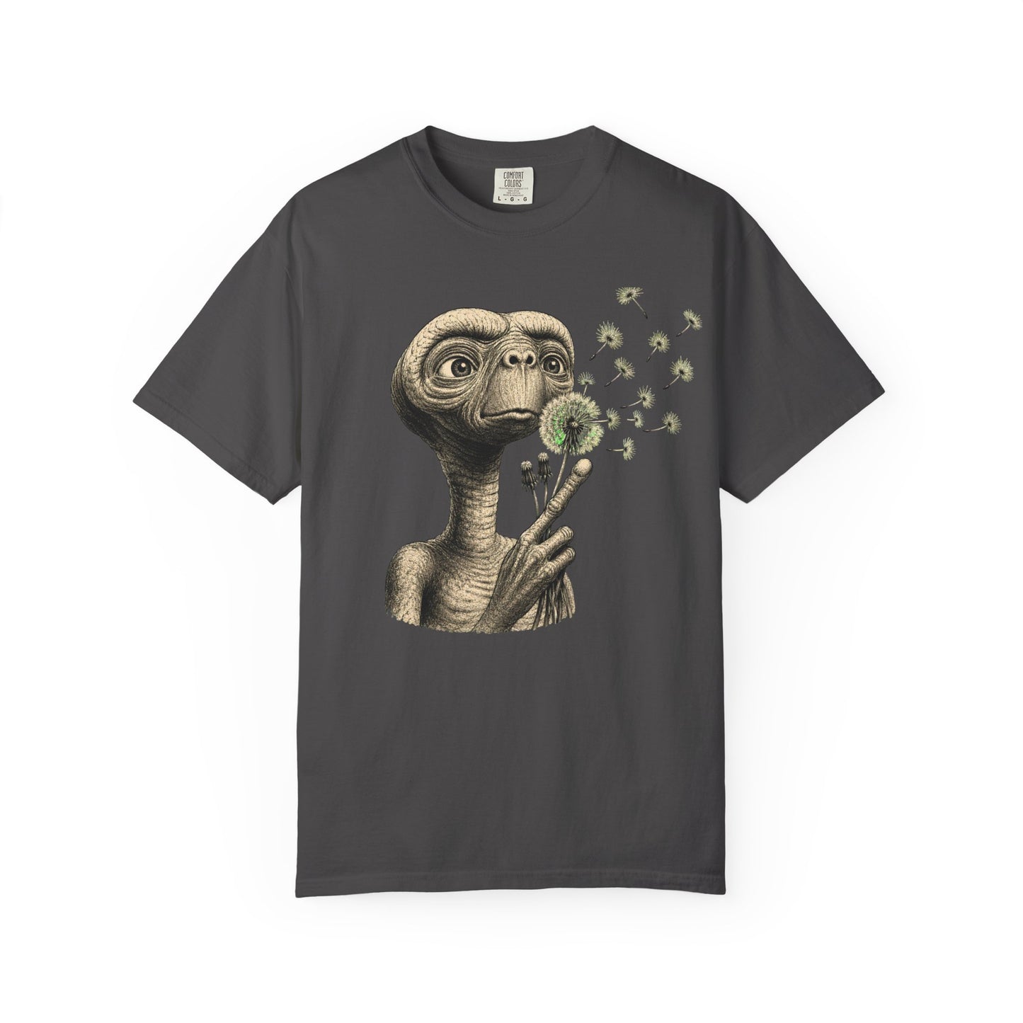 E.T. blowing dandelion T-shirt | Retro Alien illustration