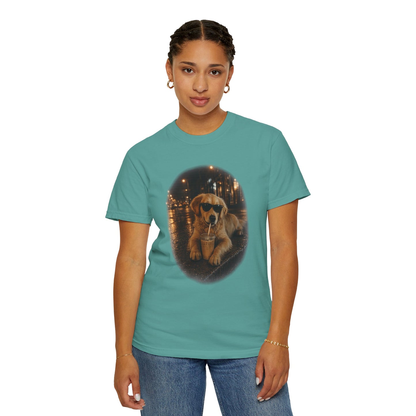 Dog with Sunglasses T-Shirt — Cool Golden Retriever Night Scene Tee