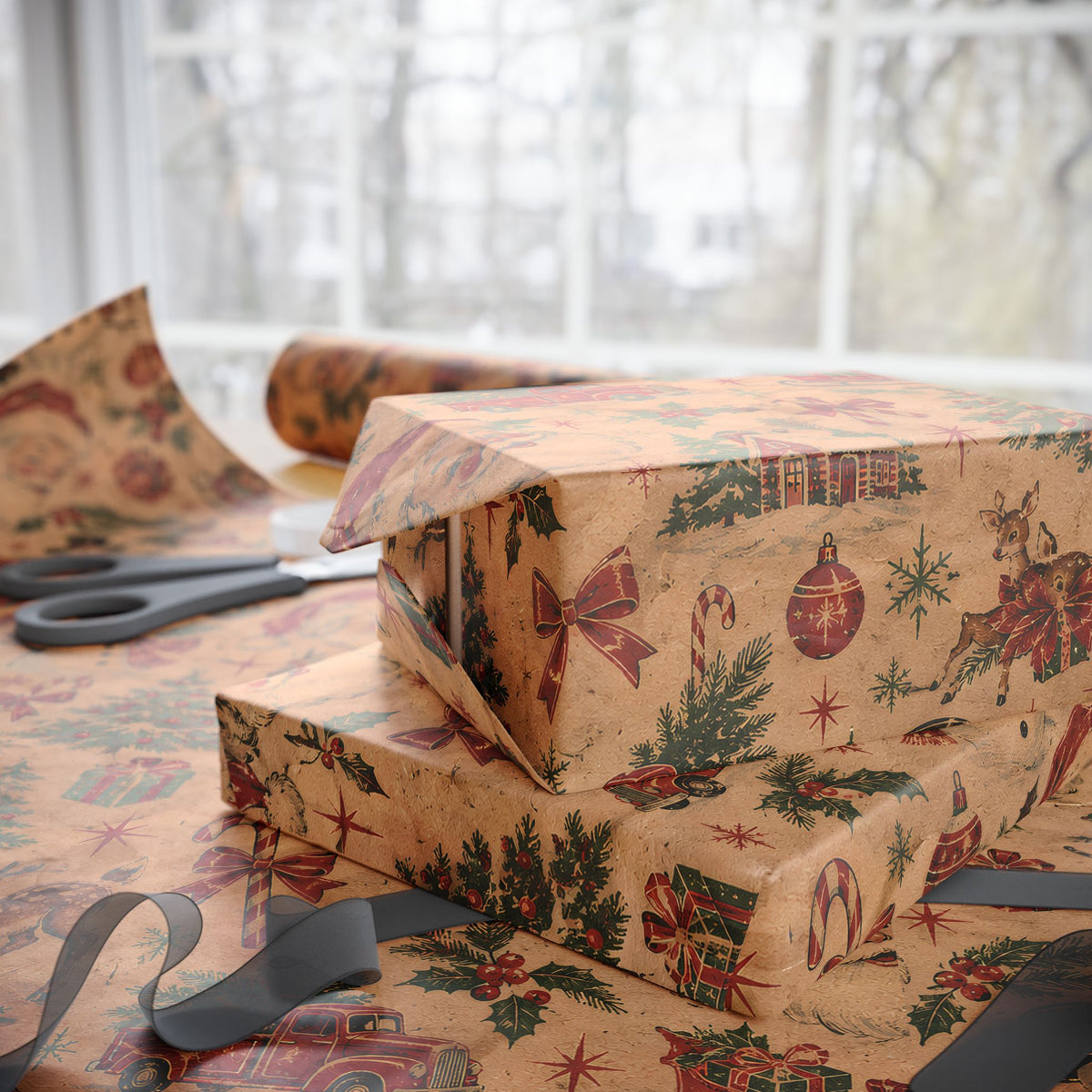 Vintage Christmas Wrapping Paper Roll — Rustic Snowman & Holiday Motifs