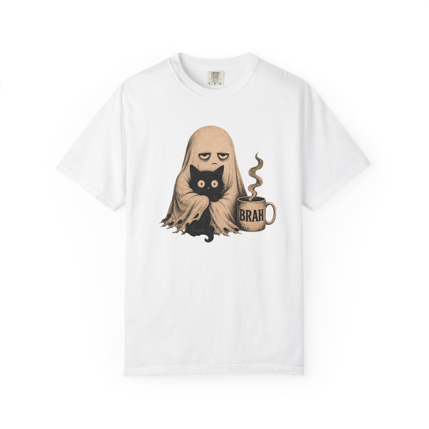 Ghost with Cat & 'Brah' Coffee T-Shirt — Cute Spooky Graphic Tee