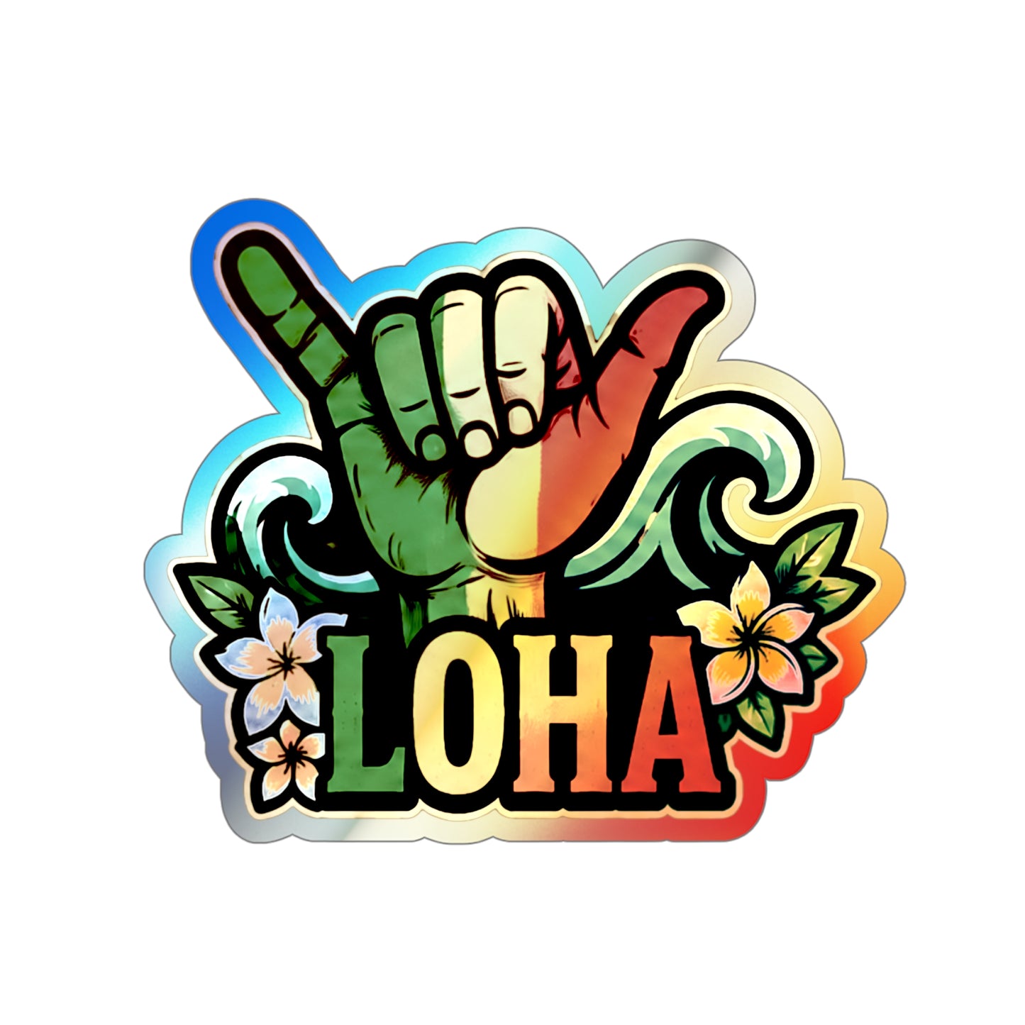 Holographic "Loha" Shaka Sticker — Die-Cut Surf Vibe