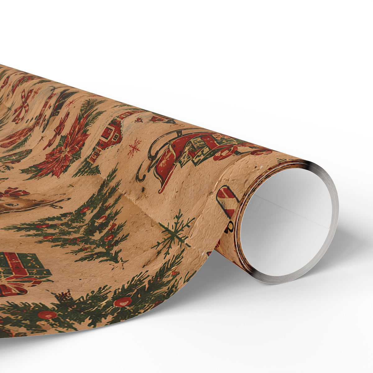 Vintage Christmas Wrapping Paper Roll — Rustic Snowman & Holiday Motifs