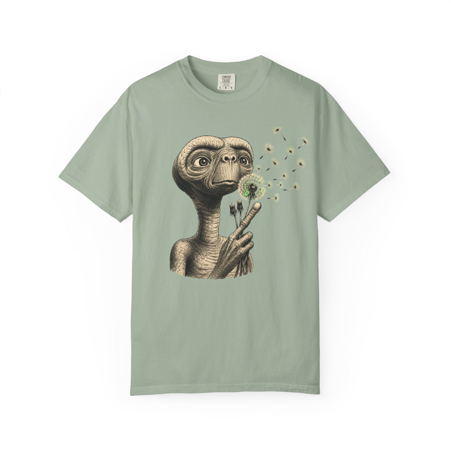 E.T. blowing dandelion T-shirt | Retro Alien illustration