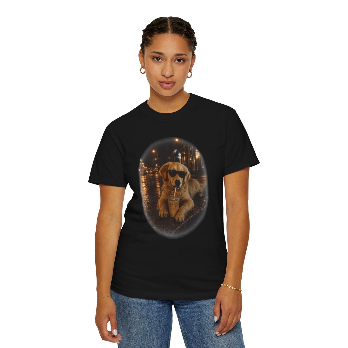 Dog with Sunglasses T-Shirt — Cool Golden Retriever Night Scene Tee