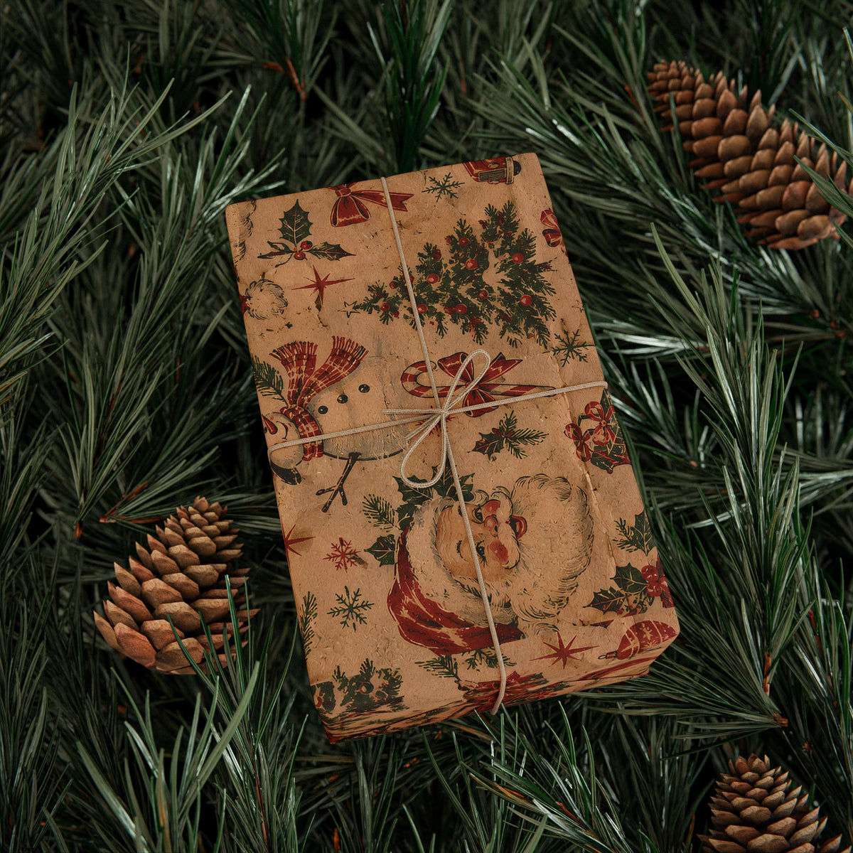 Vintage Christmas Wrapping Paper Roll — Rustic Snowman & Holiday Motifs