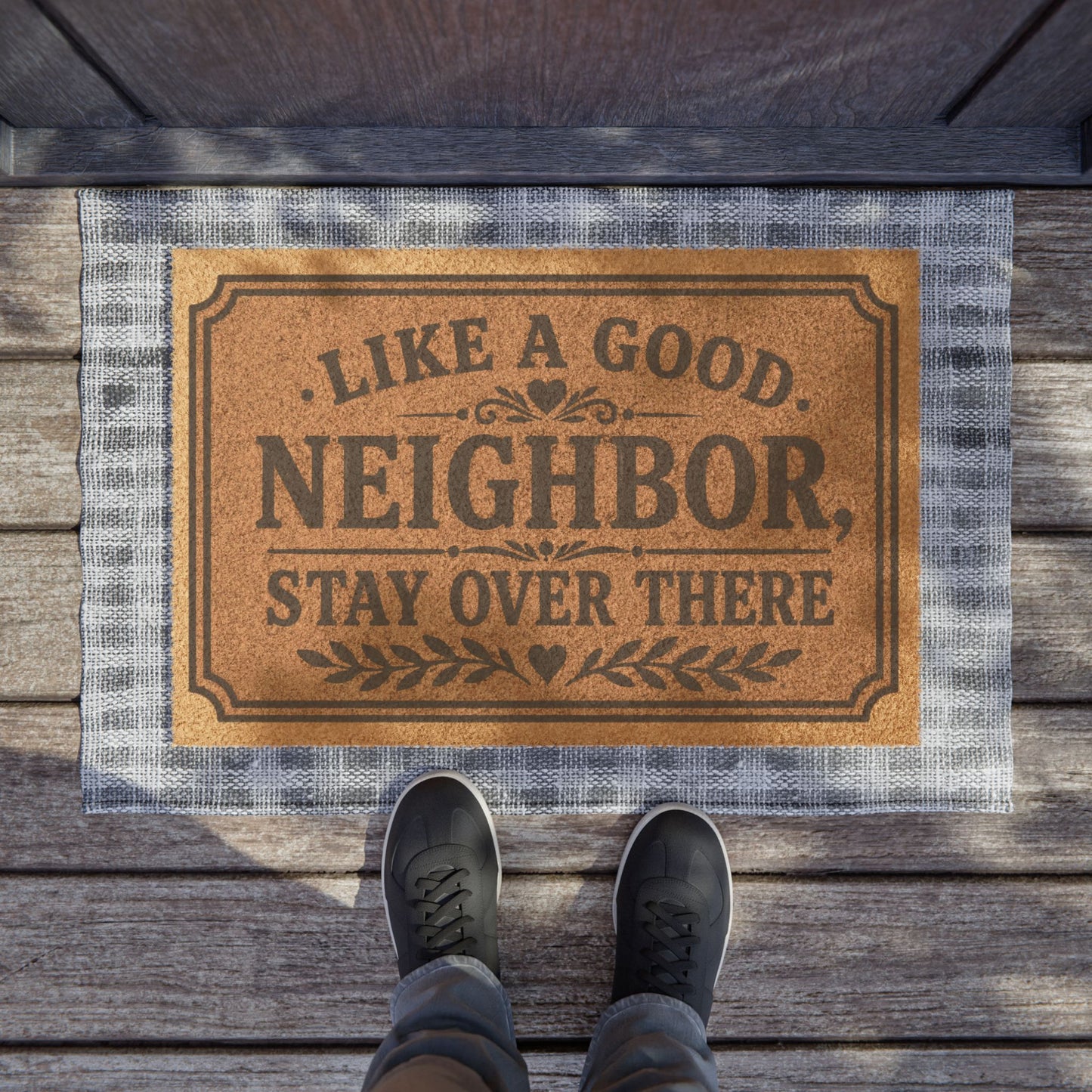 Doormat — “Like a Good Neighbor, Stay Over There” Funny Welcome Mat