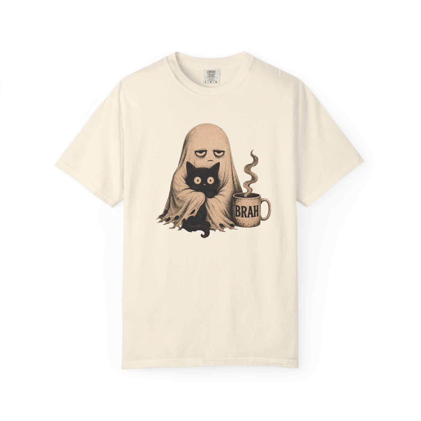 Ghost with Cat & 'Brah' Coffee T-Shirt — Cute Spooky Graphic Tee