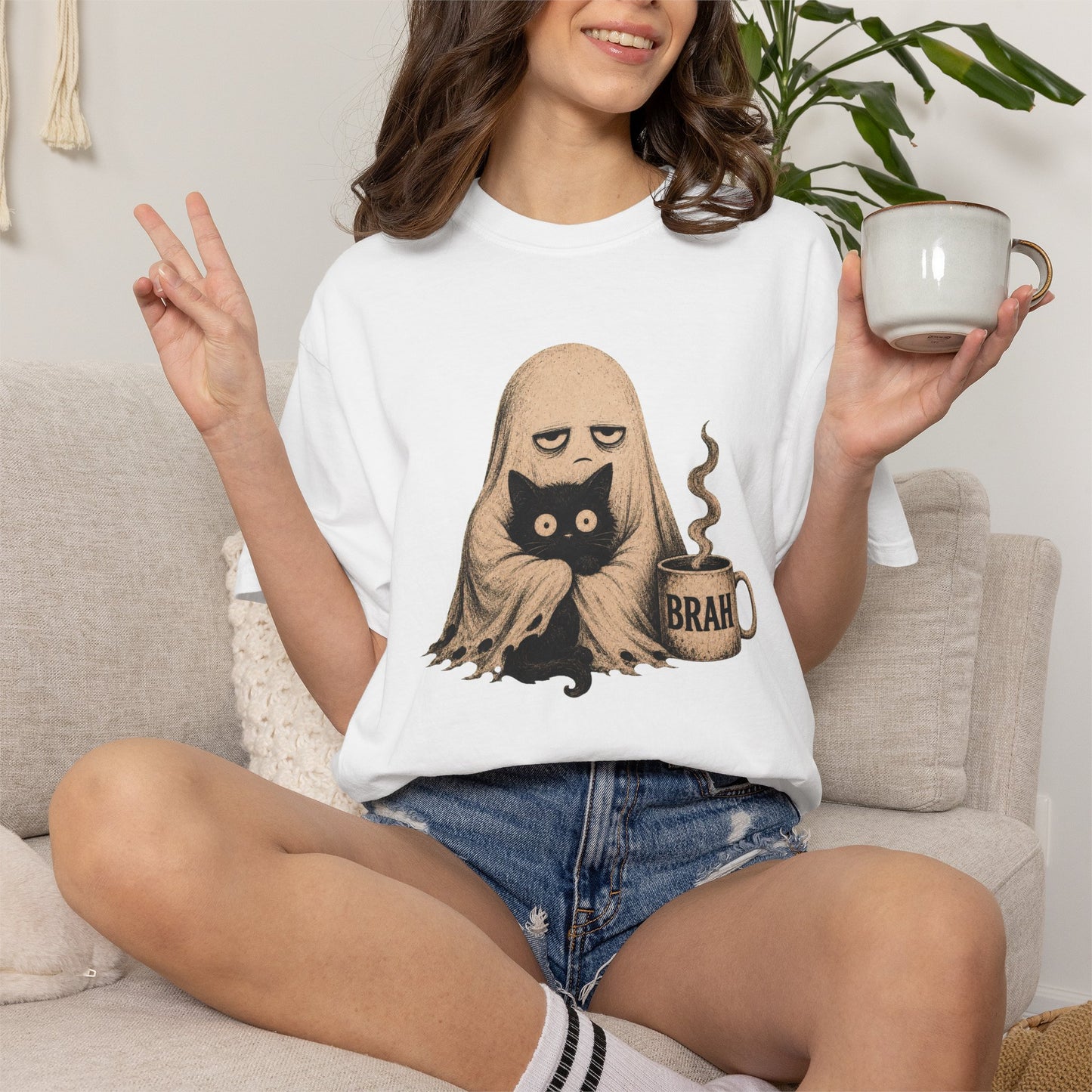 Ghost with Cat & 'Brah' Coffee T-Shirt — Cute Spooky Graphic Tee