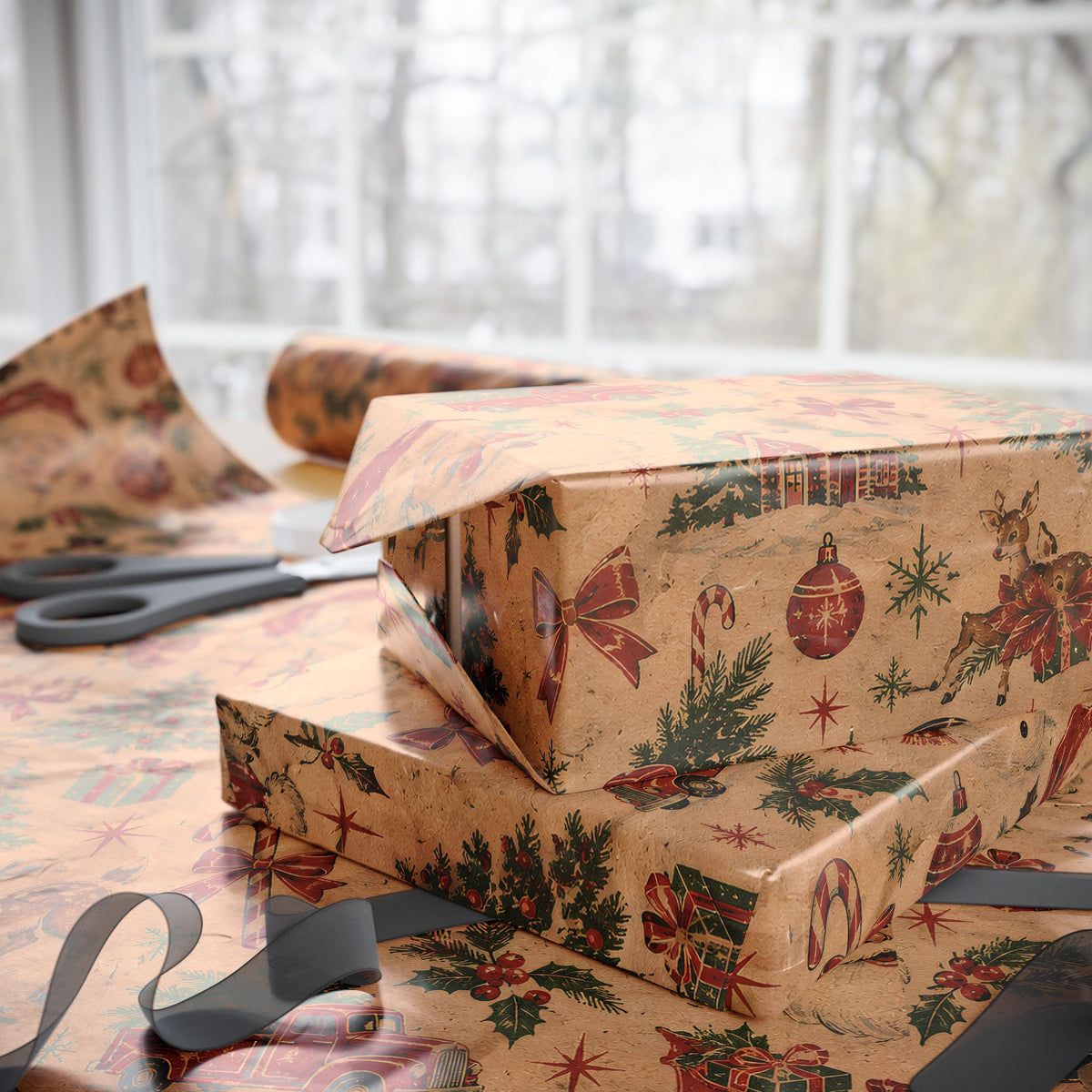 Vintage Christmas Wrapping Paper Roll — Rustic Snowman & Holiday Motifs
