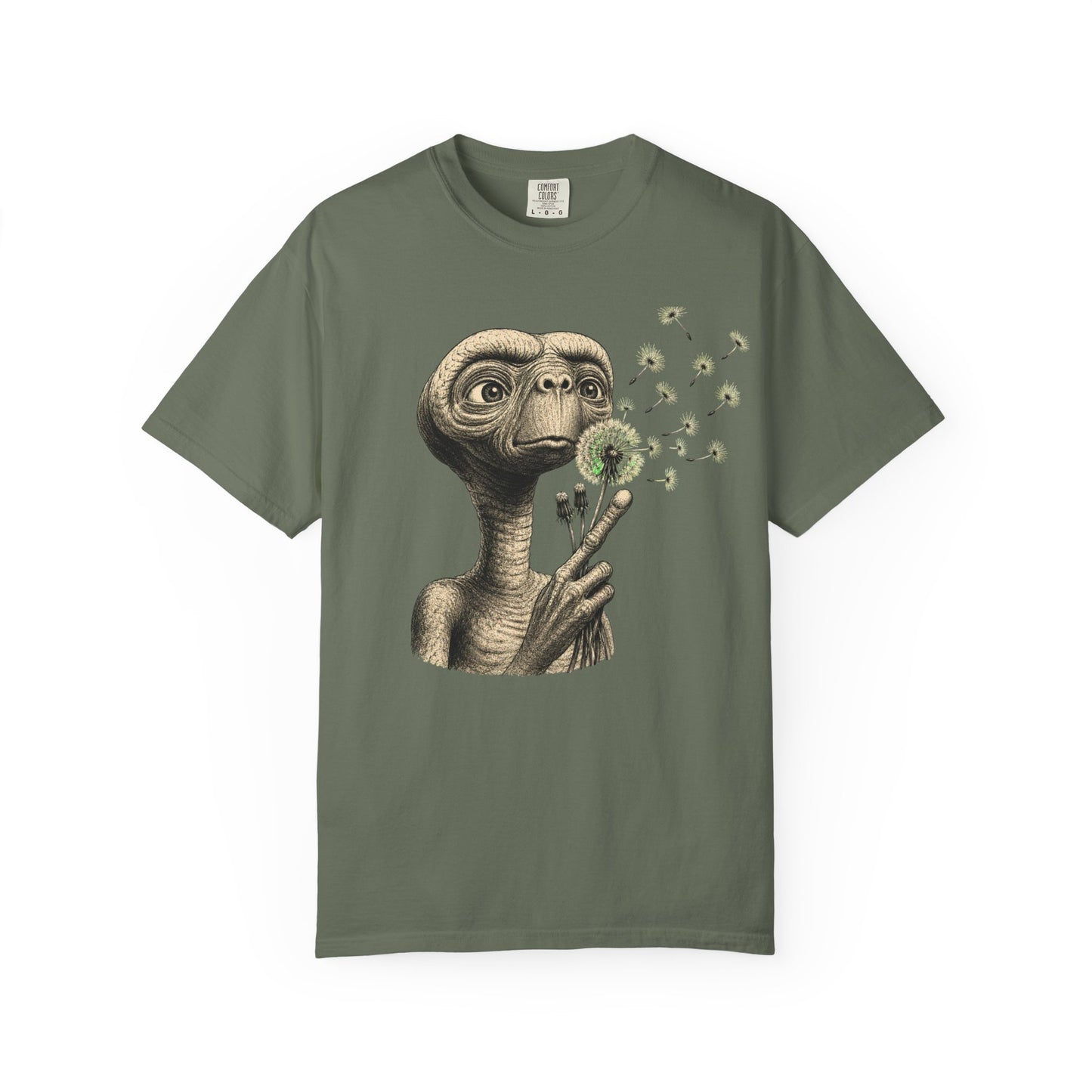 E.T. blowing dandelion T-shirt | Retro Alien illustration