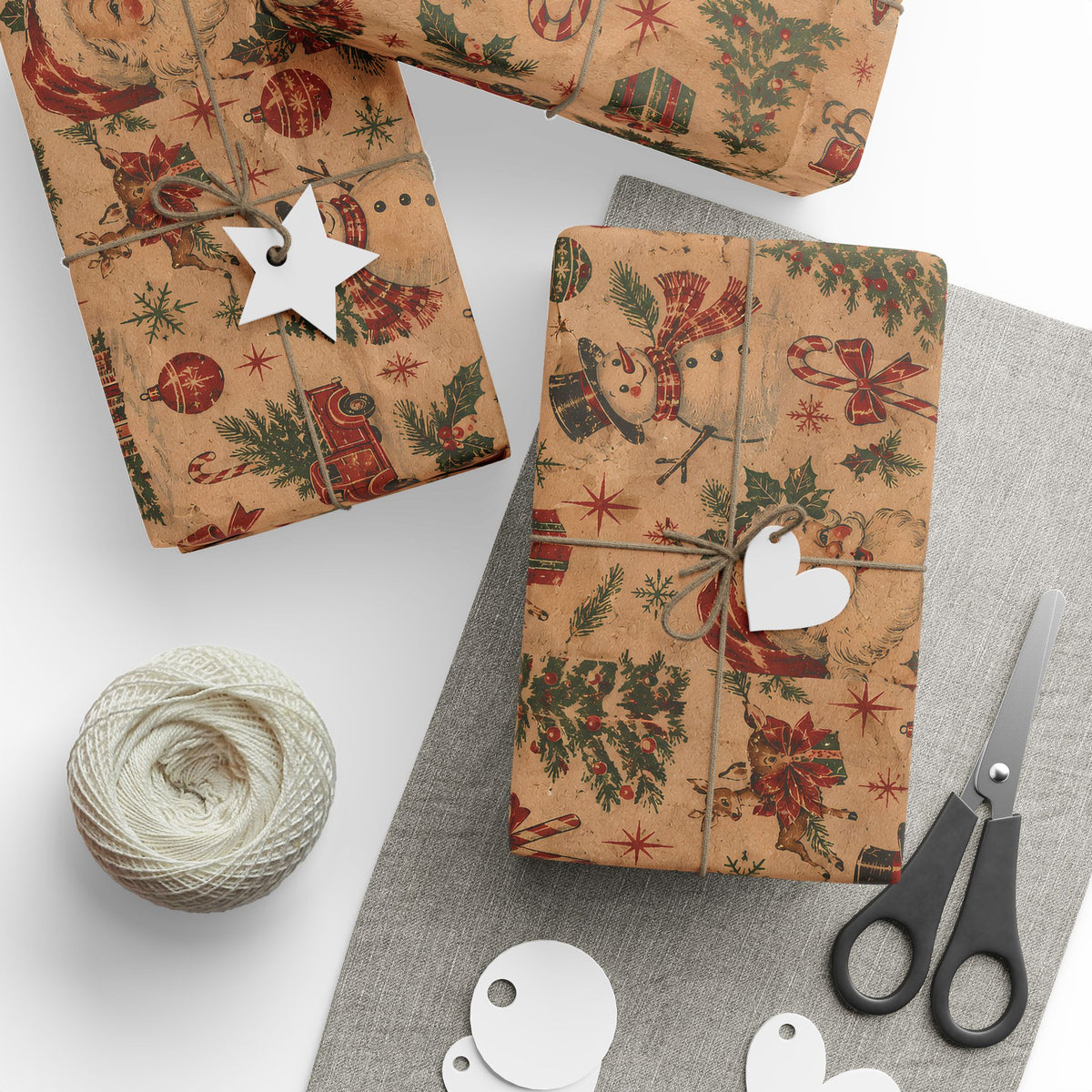 Vintage Christmas Wrapping Paper Roll — Rustic Snowman & Holiday Motifs