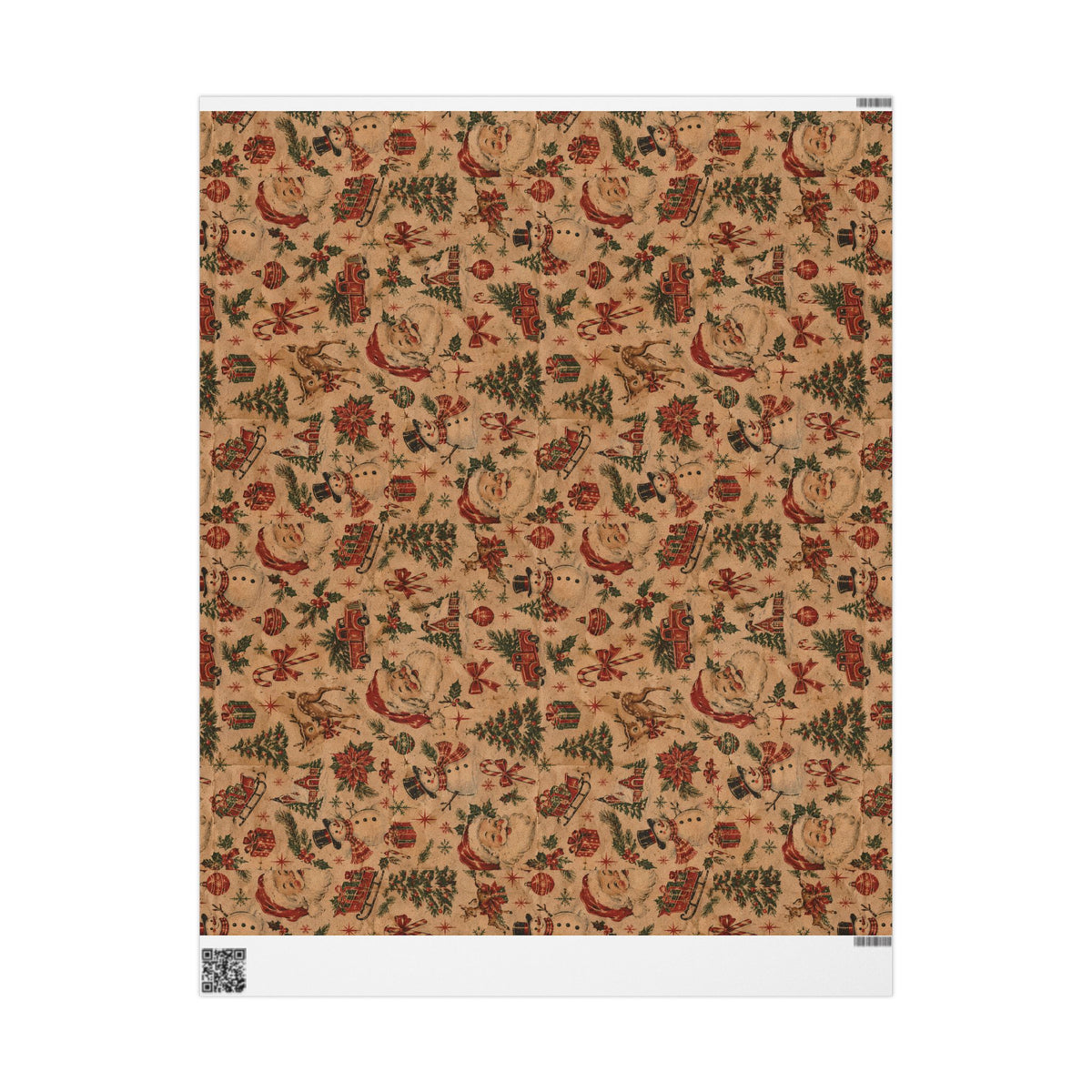 Vintage Christmas Wrapping Paper Roll — Rustic Snowman & Holiday Motifs