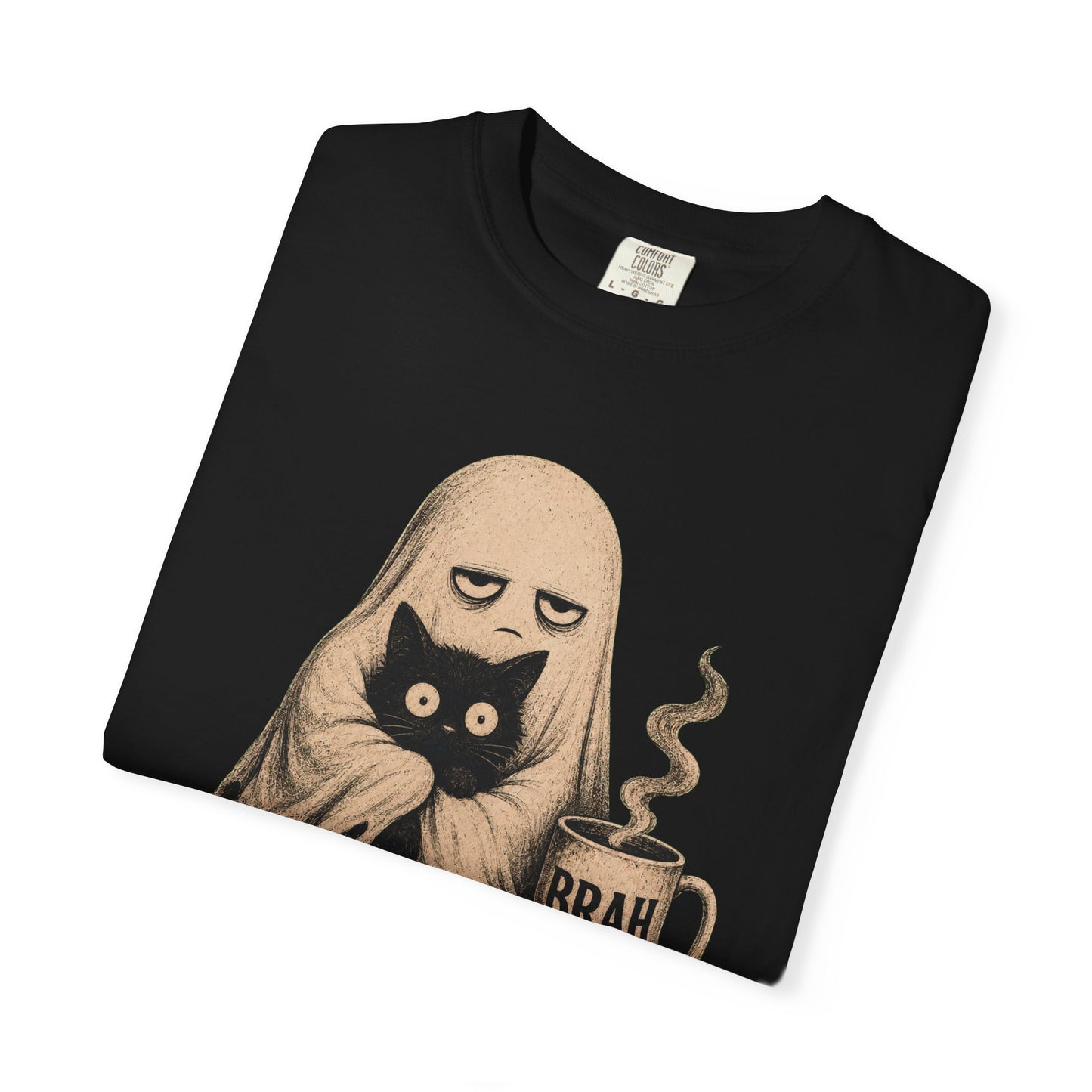 Ghost with Cat & 'Brah' Coffee T-Shirt — Cute Spooky Graphic Tee