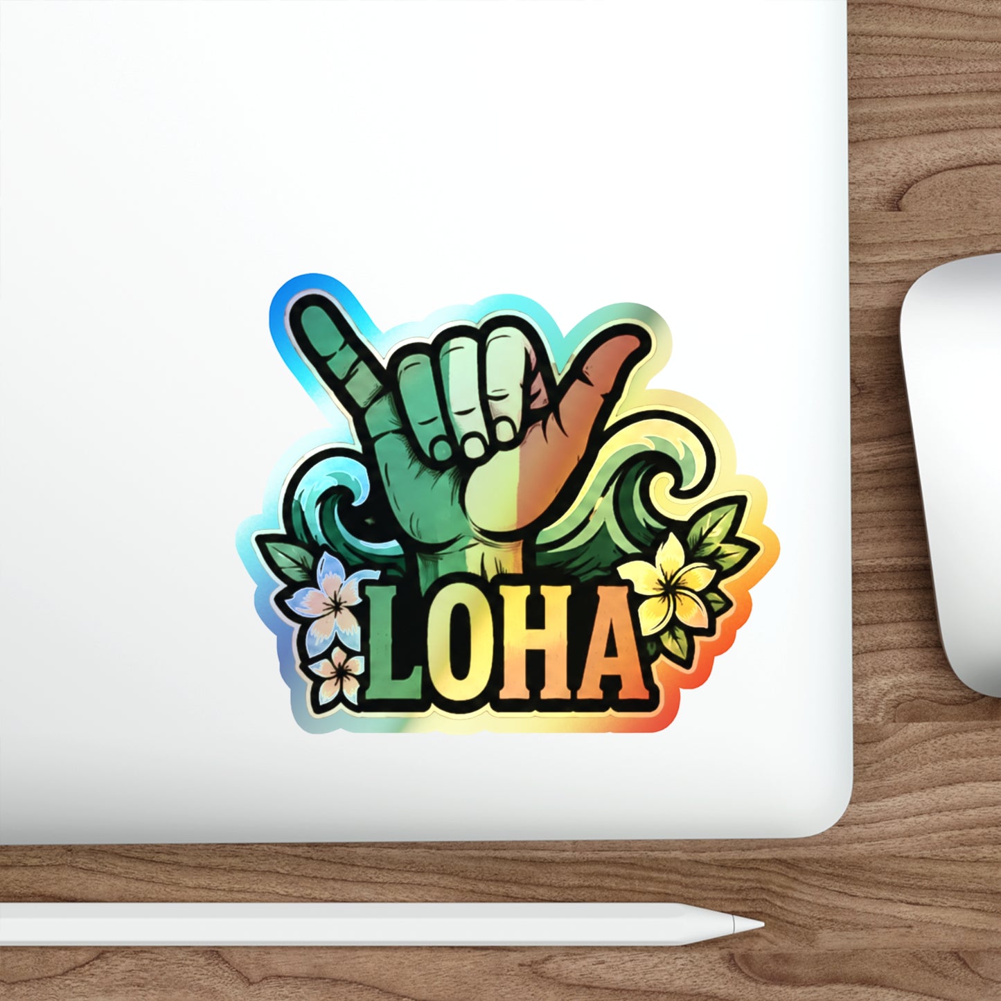 Holographic "Loha" Shaka Sticker — Die-Cut Surf Vibe