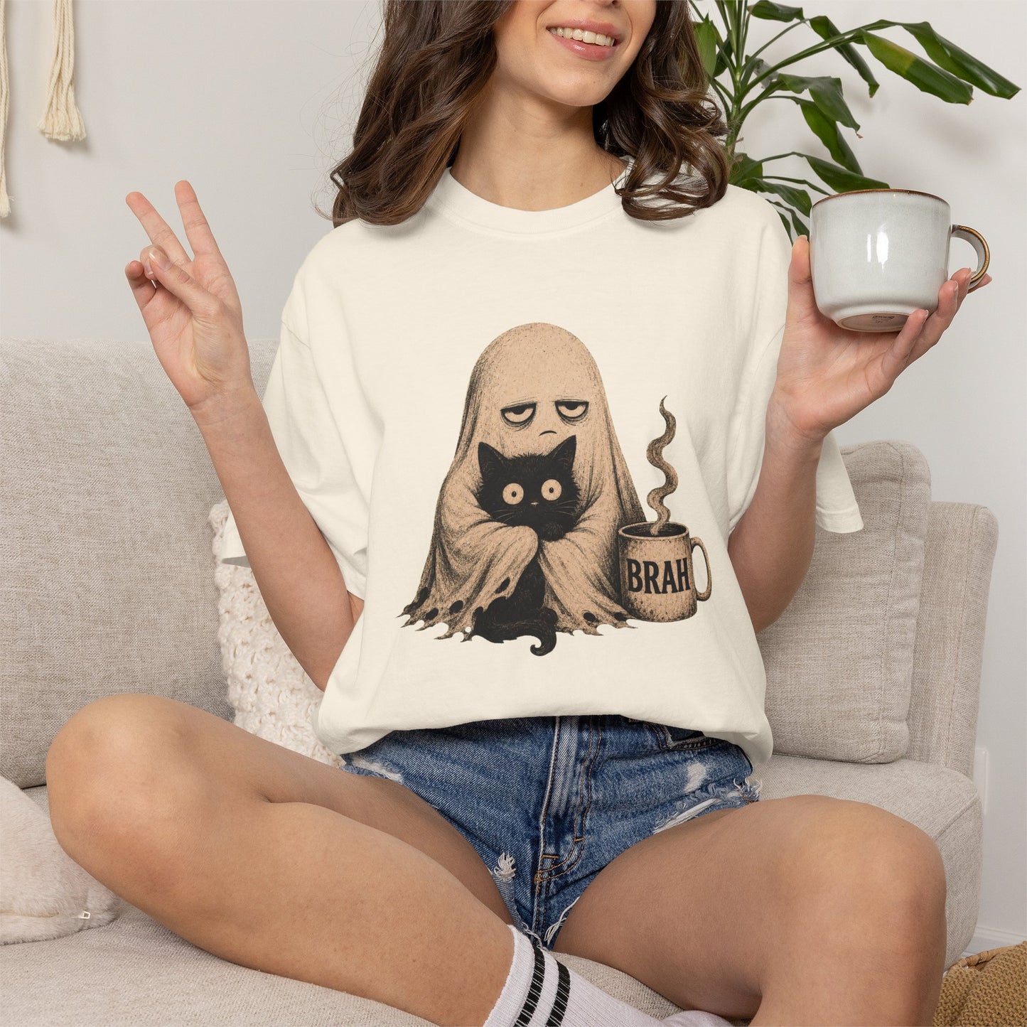 Ghost with Cat & 'Brah' Coffee T-Shirt — Cute Spooky Graphic Tee