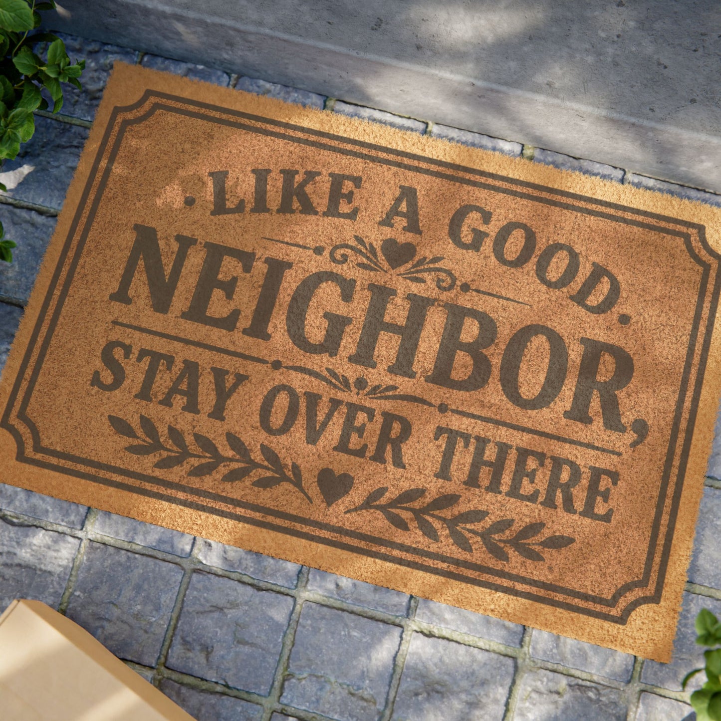 Doormat — “Like a Good Neighbor, Stay Over There” Funny Welcome Mat