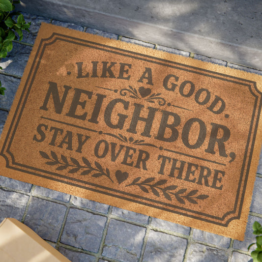 Doormat — “Like a Good Neighbor, Stay Over There” Funny Welcome Mat