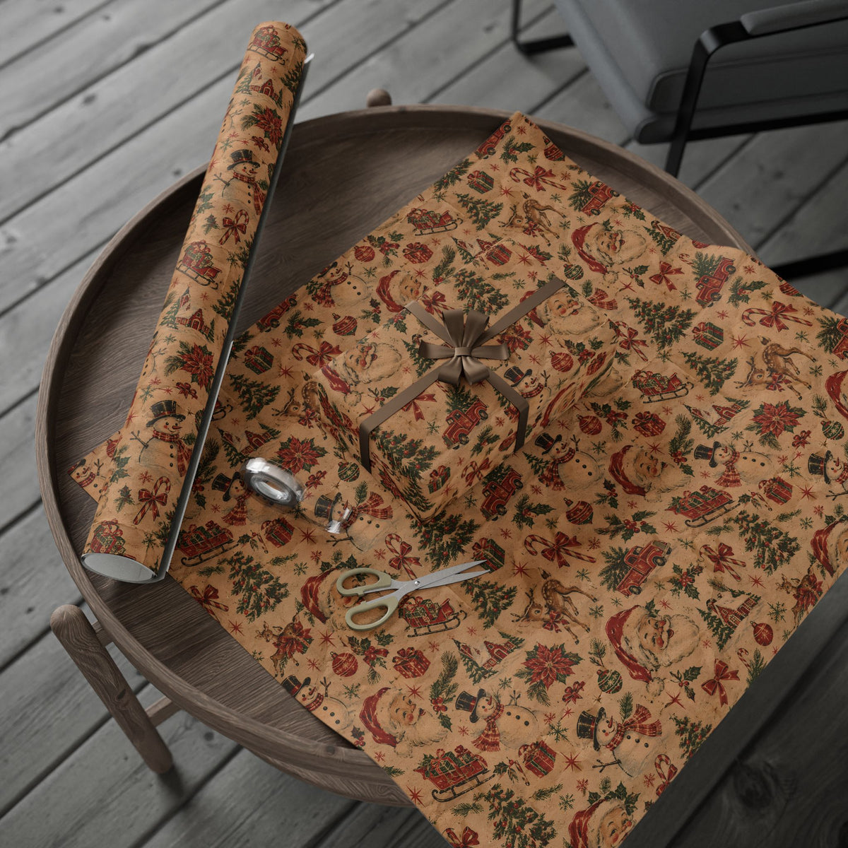 Vintage Christmas Wrapping Paper Roll — Rustic Snowman & Holiday Motifs