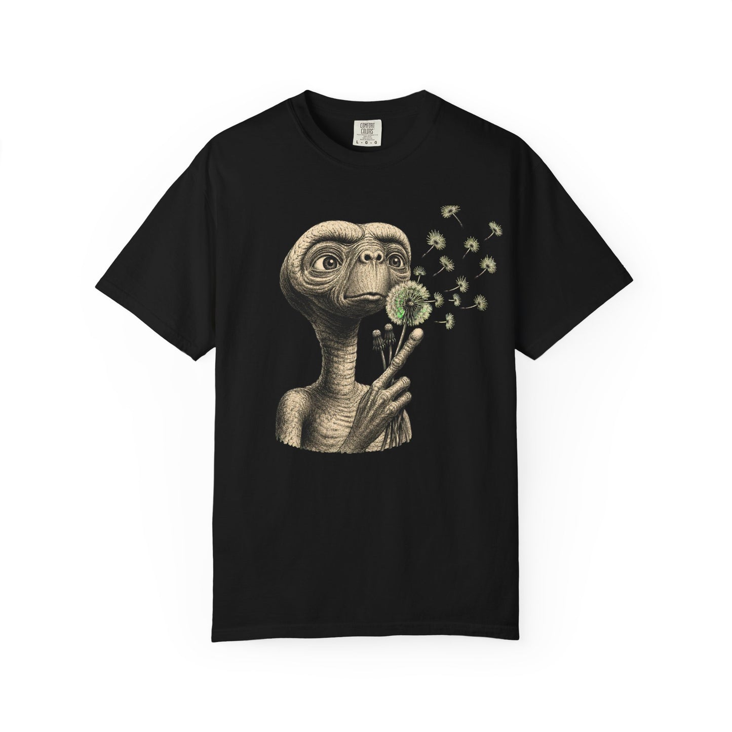 E.T. blowing dandelion T-shirt | Retro Alien illustration