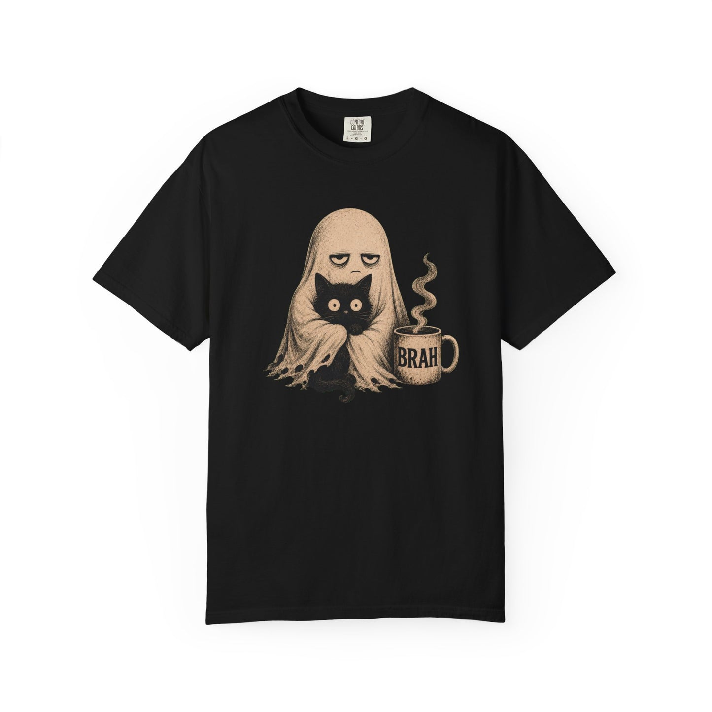 Ghost with Cat & 'Brah' Coffee T-Shirt — Cute Spooky Graphic Tee