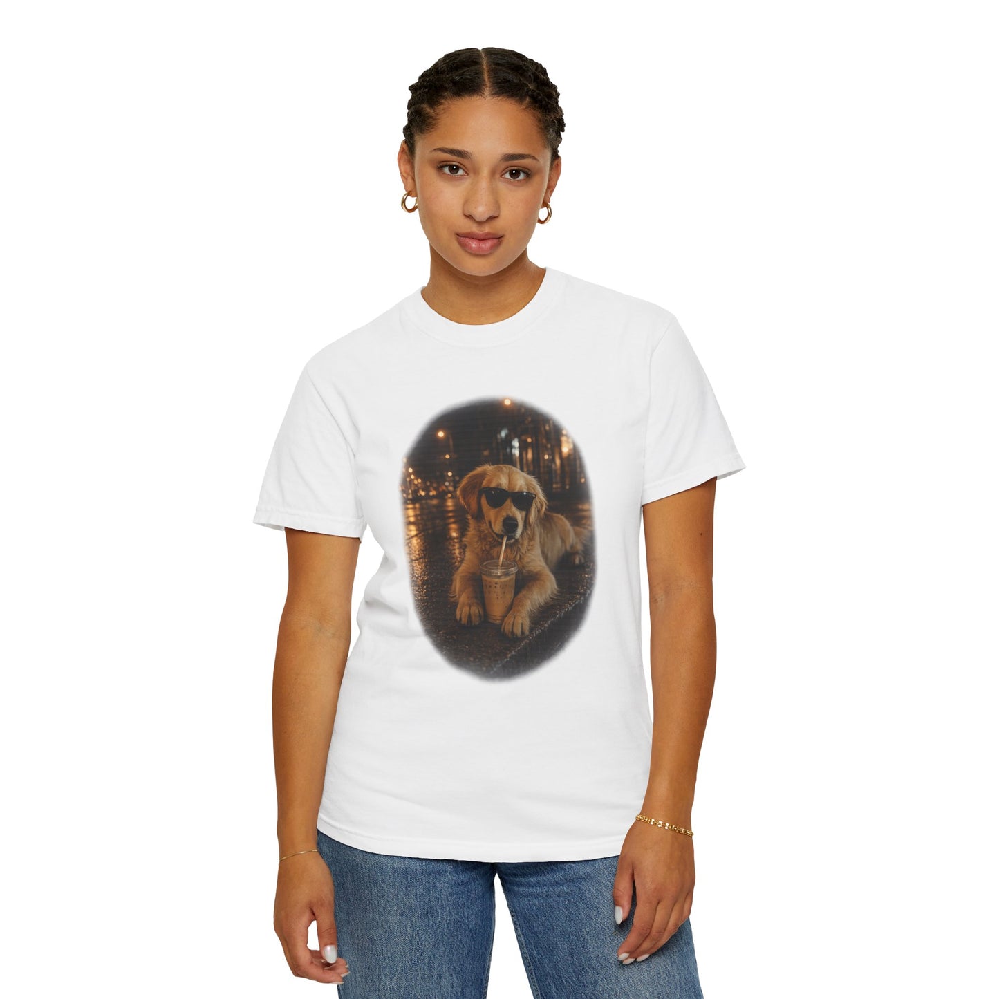 Dog with Sunglasses T-Shirt — Cool Golden Retriever Night Scene Tee