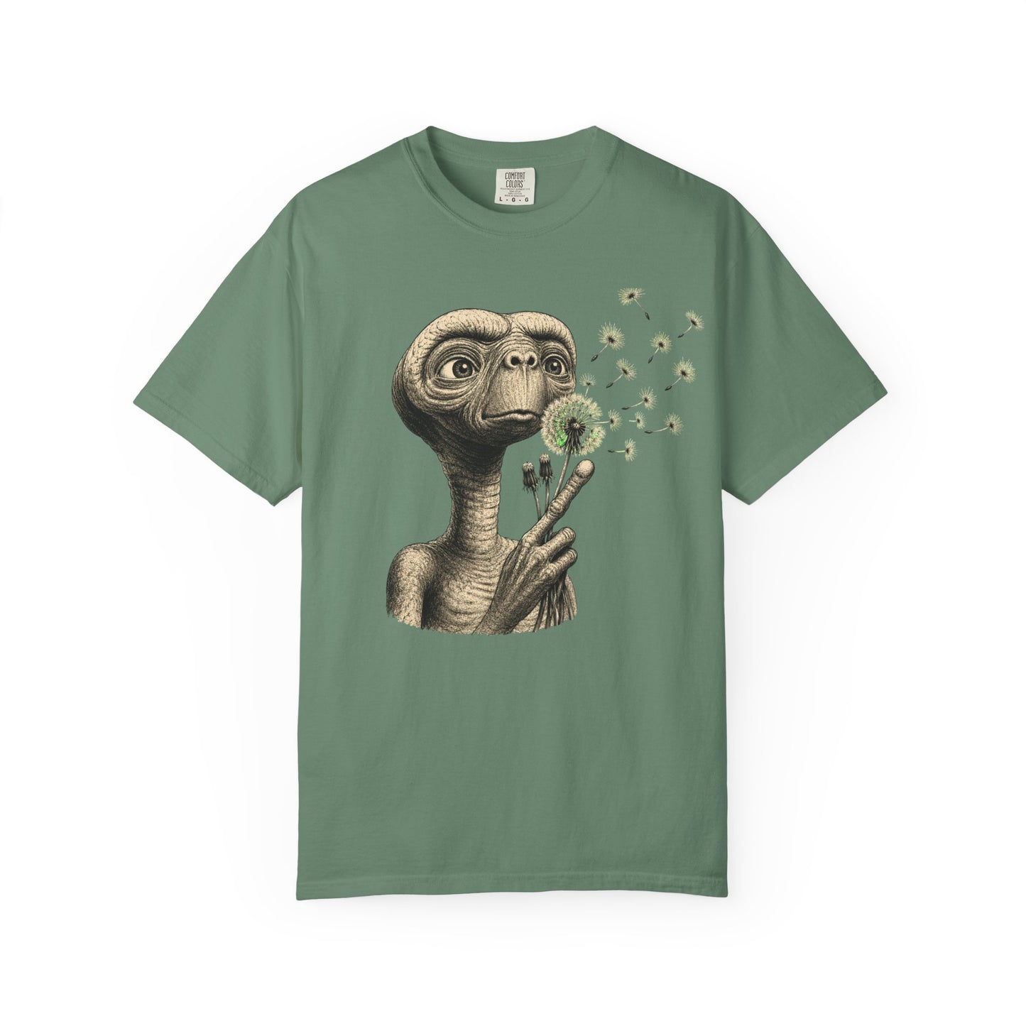 E.T. blowing dandelion T-shirt | Retro Alien illustration