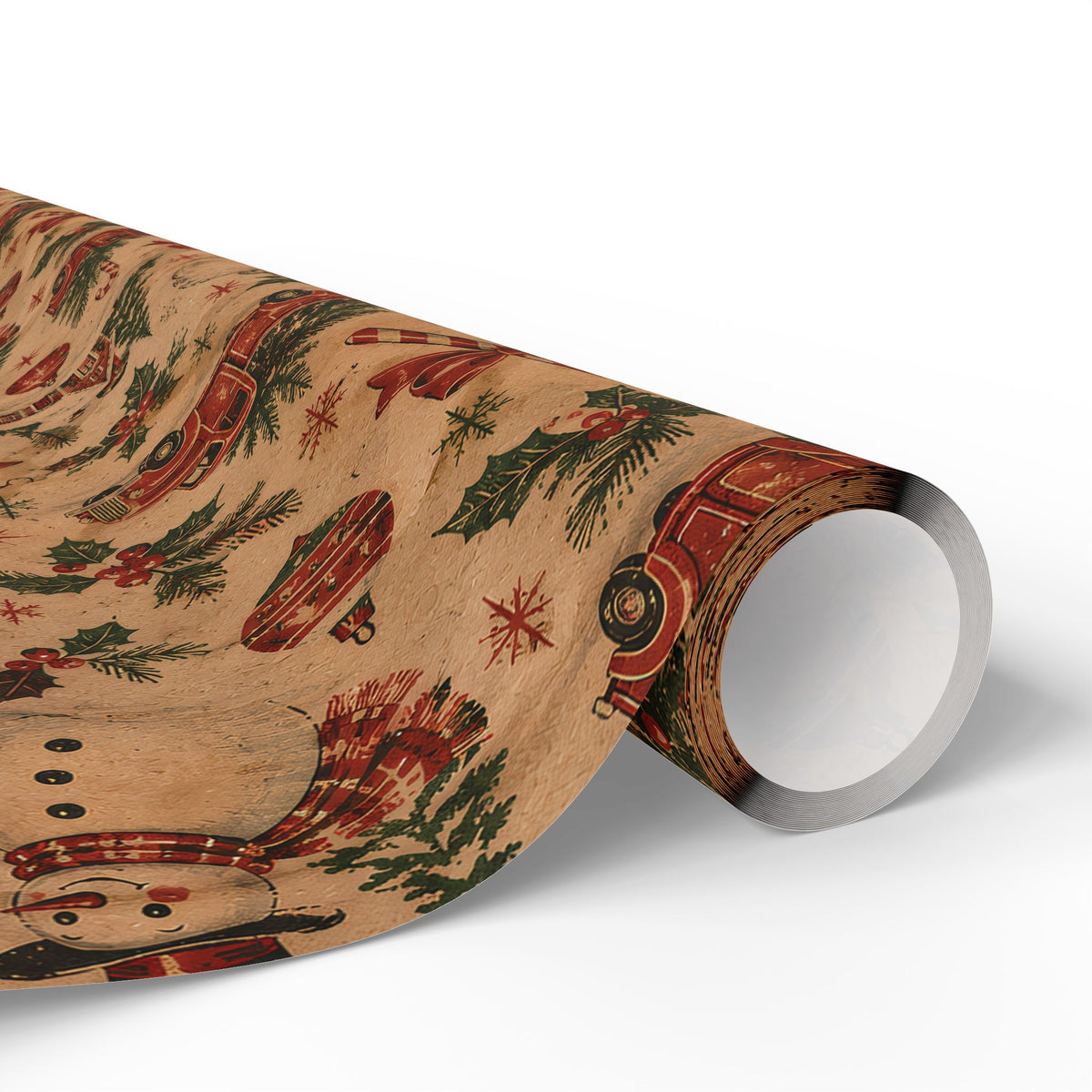 Vintage Christmas Wrapping Paper Roll — Rustic Snowman & Holiday Motifs