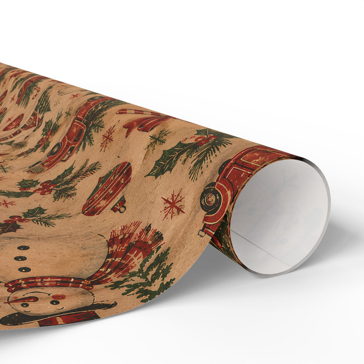Vintage Christmas Wrapping Paper Roll — Rustic Snowman & Holiday Motifs