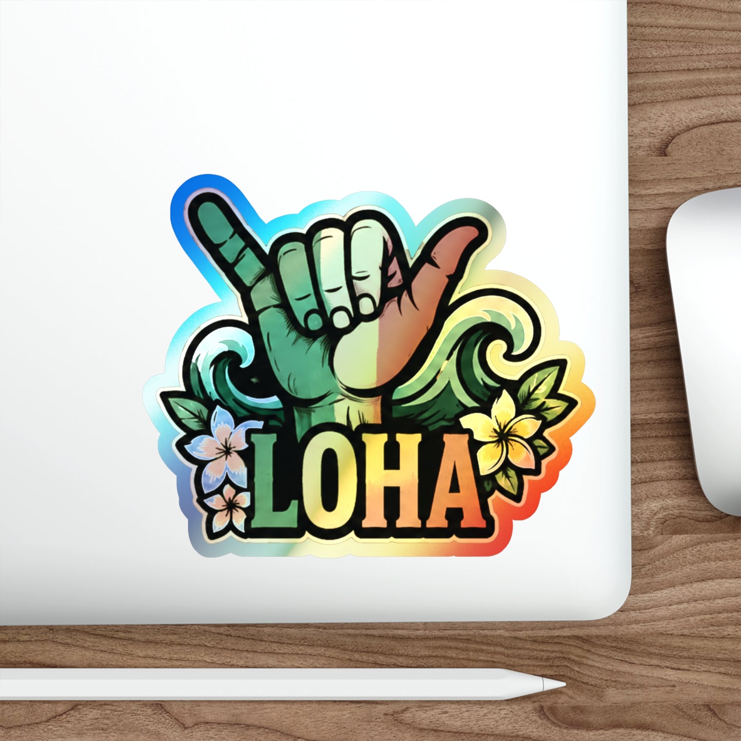 Holographic "Loha" Shaka Sticker — Die-Cut Surf Vibe