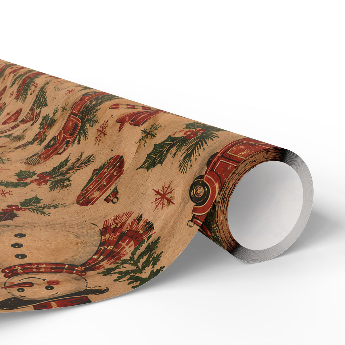 Vintage Christmas Wrapping Paper Roll — Rustic Snowman & Holiday Motifs