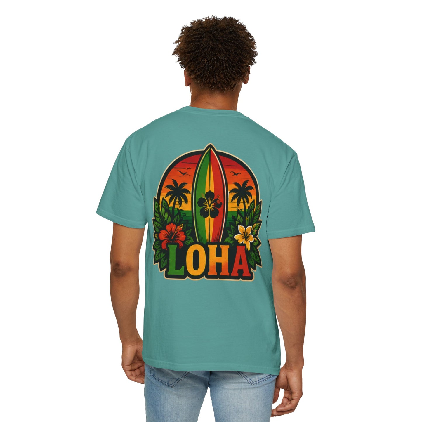 Loha Surf T-Shirt — Tropical Hibiscus Sunset Graphic